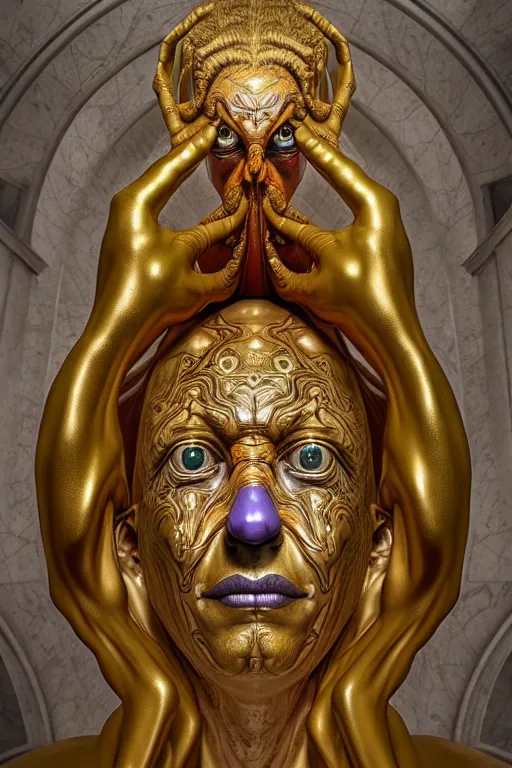 Image similar to Epic view of intricate stained Clown multiple faces looking backwards using a golden veil statue sculpted on white marble by Antonio Corradini, Wayne Barlowe and Artem Demura