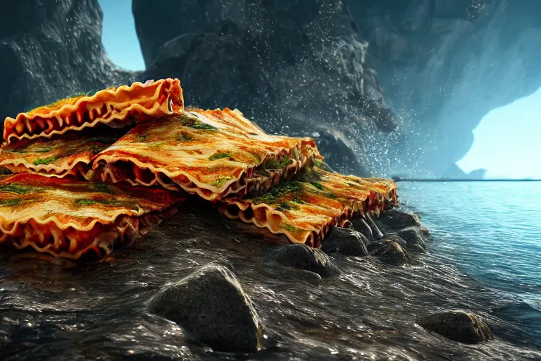 Image similar to the sea made of Lasagna, wide angle, photorealistic, cinematic lighting, high detail, cinematic feel, high octane, 4K, Unreal Engine