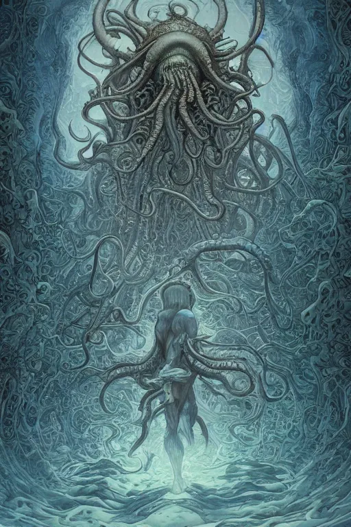 Prompt: cthulhu and a young chubby mexican man with curly hair, by artgerm and yoshitaka amano and moebius and hr giger and zdislaw beksinski and alphonse mucha, hyperdetailed, symmetry, glamour, surreal, dc comics, ornate, stunning, nebula, explosions in the sky, trending on artstation
