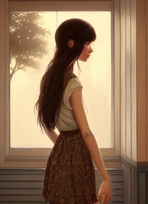 Image similar to a beautiful brown - haired girl with a summer dress in restaurant, intricate, elegant, highly detailed, digital painting, artstation, concept art, smooth, sharp focus, illustration, ethereal, misty, by ilya kuvshinov and jeremy mann, 8 k, octane render