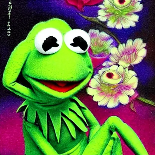 Image similar to kermit the frog, artwork by kitano tsunetomi