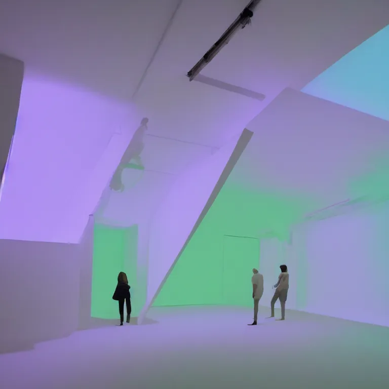 Prompt: conceptual artist performance of'blue and green'gradient colors light projection onto a few giant human torsos in a cramped art gallery by james turrell, high contrast hyperrealism trending on arstation 8 k