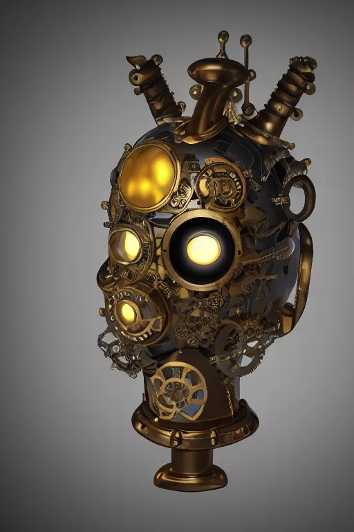 Image similar to steampunk mask minimalist fantasy art robot ninja helmet, global illumination ray tracing hdr fanart arstation by sung choi and eric pfeiffer and gabriel garza and casper konefal radiating a glowing aura