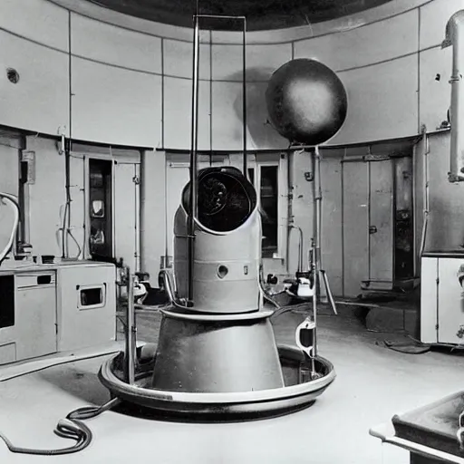 Image similar to interior of alien laboratory with strange device at the center of a room, color photograph