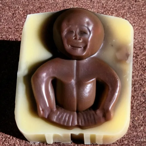 Prompt: the main character from spelunky carved out of a bar of soap