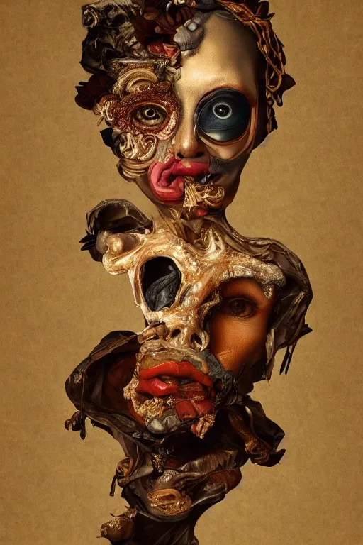 Image similar to Detailed maximalist portrait with large lips and with large wide eyes, surprised expression, surreal extra flesh and bones, HD mixed media, 3D collage, highly detailed and intricate, golden ratio, illustration in the style of Caravaggio, dark art, baroque