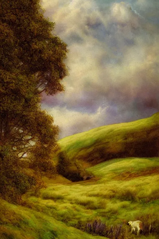 Prompt: digital painting detailed serene hilly grassy scottish highlands candy sky by arthur hughes