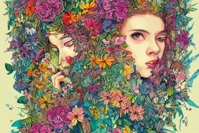 Image similar to a painting of a beautiful young girl with a lot of flowers and plants on its head, poster art by android jones, behance contest winner, generative line art, made of flowers, grotesque, concert poster