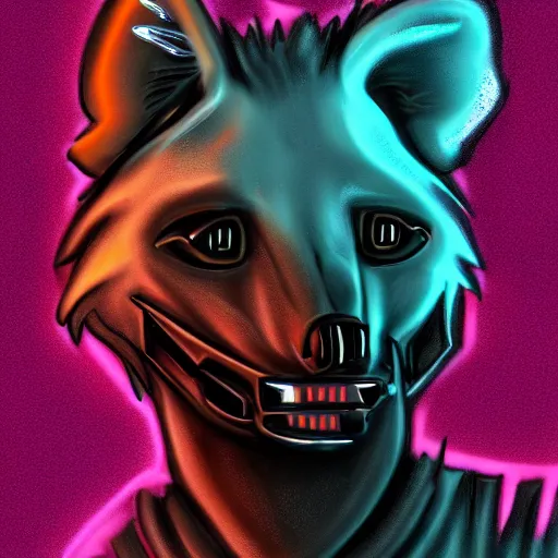 Image similar to digital painting of anthromorphic hyena female, fursona, furry fandom, neon rainy cyberpunk setting, anthro, wearing cyberpunk leather jacket, detailed face,