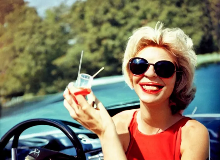 Prompt: color photo of a cool woman wearing sunglasses drinving a wolksvagen cabriolet the 8 0's