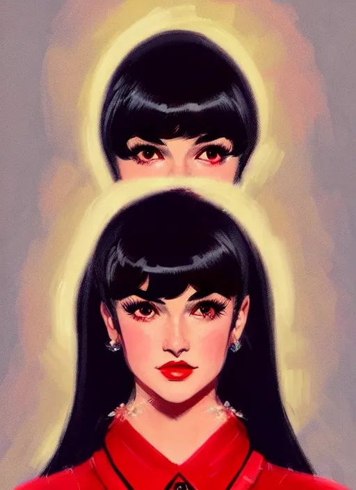 Image similar to portrait of veronica lodge with bangs, 1 9 6 0 s, long hair, red clothes, bangs, intricate, elegant, glowing lights, highly detailed, digital painting, artstation, concept art, smooth, sharp focus, illustration, art by wlop, mars ravelo and greg rutkowski