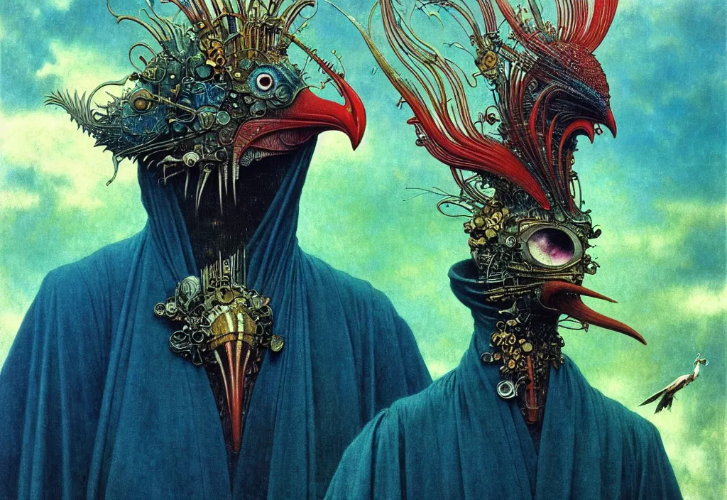 Image similar to realistic detailed portrait movie shot of a birdman wearing black robes, sci fi city landscape background by denis villeneuve, amano, yves tanguy, alphonse mucha, ernst haeckel, max ernst, roger dean, masterpiece, rich moody colours, snarling dog teeth, blue eyes