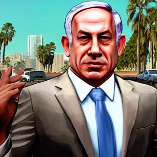 Prompt: benjamin netanyahu in a GTA v cover art