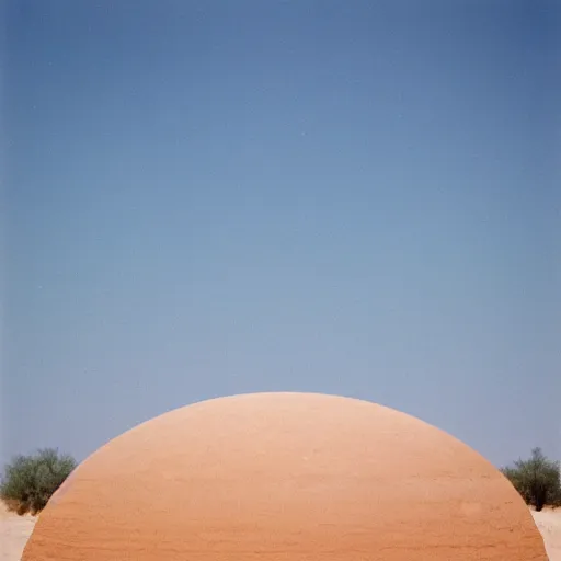 Prompt: a Non-Euclidean orb-like clay building sitting in the desert, vintage photo, beautiful cinematography, blue sky, film grain, extreme wide shot, far away, symmetrical, in the distance, James Turrell