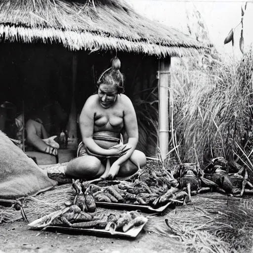 Image similar to a maori woman prepares weta bugs for eating outside her whare in the 1 9 4 0's.