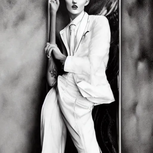 Image similar to beautiful portrait of androgynous ruby rose as desire from sandman in a white tuxedo!!!, rockabilly style,, by alphonse mucha, by jeremy mann, by peter lindbergh, cedric peyravernay, by frank moth, white suit and black tie, soft lightning, high detailed, 8 k