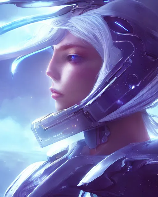 Image similar to perfect android girl on a mothership, warframe armor, beautiful face, scifi, futuristic, galaxy, nebula, raytracing, dreamy, long white hair, blue cyborg eyes, sharp focus, cinematic lighting, highly detailed, artstation, divine, by gauthier leblanc, kazuya takahashi, huifeng huang