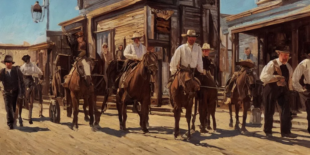 Prompt: oil painting of Phillip Seymour Hoffman as an old west banker in a busy old west town, detailed, realistic, cinematic