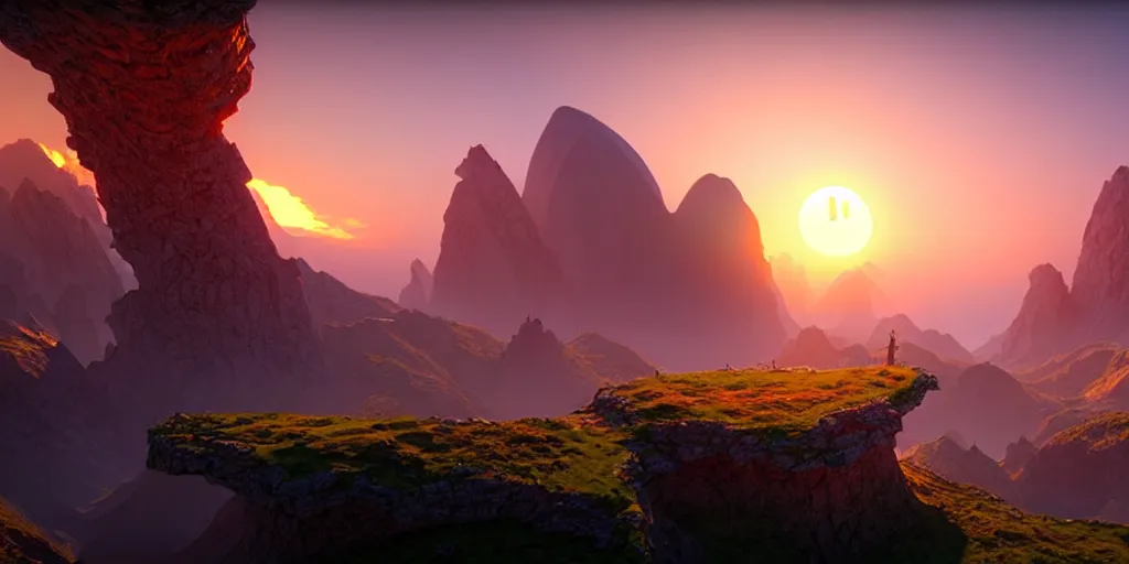 Image similar to a beautiful landscape, sun rises between two mountains, fantasy artwork by john stephans unreal engine 5, extremely detailed, hyper realism