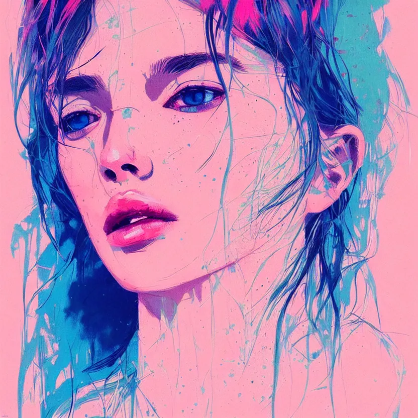 Image similar to close up portrait painting of a female in nineties street styling, concept art, intricate details, aesthetically pleasing pastel colors, art by conrad roset, impressionism, portrait