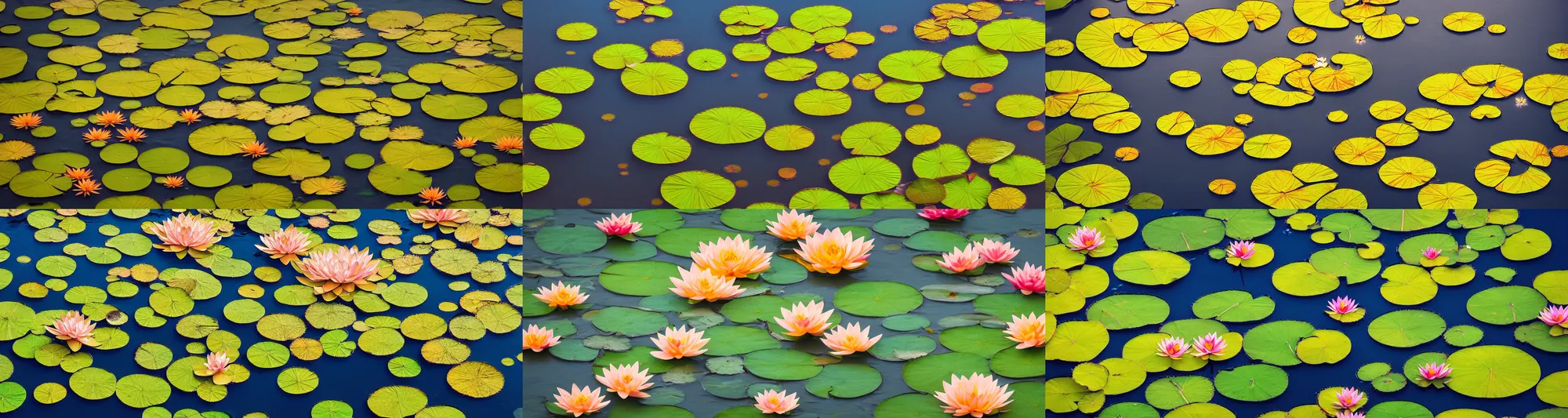 Prompt: lily Pads with many Lotus flowers in the golden hour, paper cut art, close up, DOF, 8k, artstation,