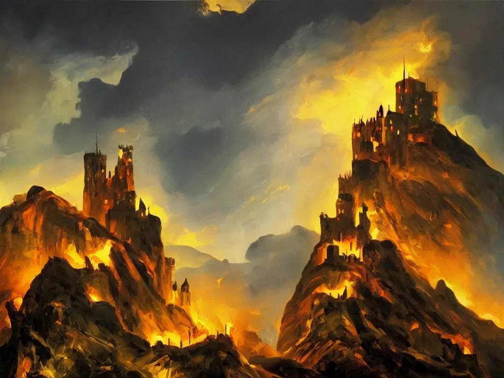 Prompt: modern stylized oil painting of medieval castle on mountain, fire, american romanticism by goya, bright art, cinematic dramatic lighting