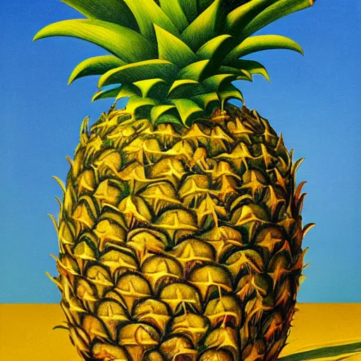 Image similar to le fils de l'homme but with a pineapple, painting by rene magritte, high detail, high resolution