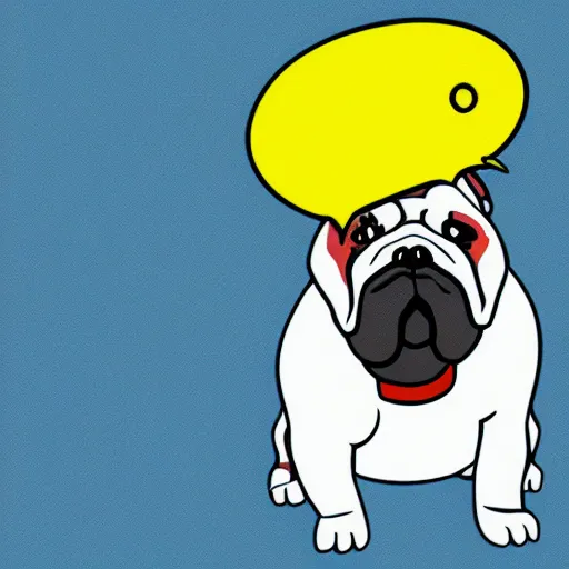 Prompt: a cartoon illustration of a bulldog on a blue background with a yellow head and a red collar with spikes