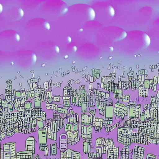 Image similar to giant pink purple bubbles with cities inside them