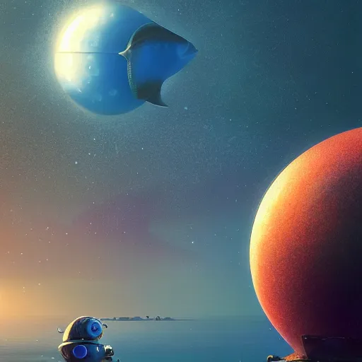 Image similar to a sphere fish aquarium in the size of a planet, floating in space. illustration, digital art, realistic, pixar style, by greg rutkowski and ash thorp, vivid colors, detailed, trending on artstation, high quality, cinematic