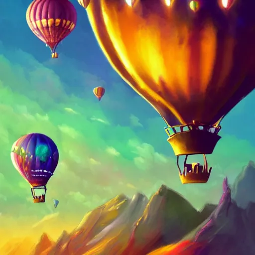 Image similar to a beautiful colorful stunning fantasy whimsical matte digital storybook concept illustration of a night - time hot - air balloon race by marc simonetti and anato finnstark, disney, magical bokeh moon stars, trending on artstation hq, masterpiece