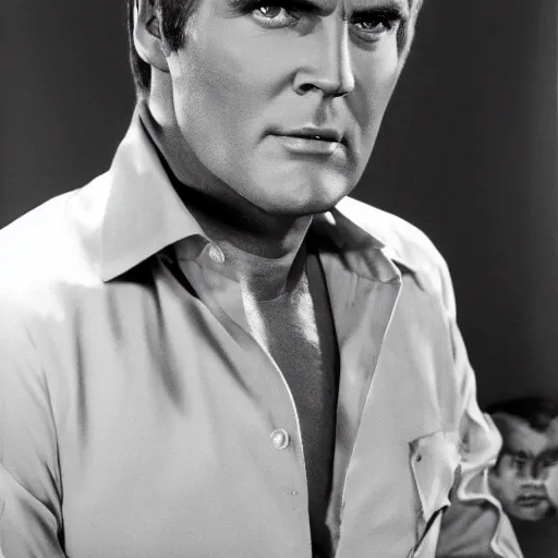 Image similar to lee majors as the six million dollar man, standing up, looking at the camera, photorealistic, 8 k