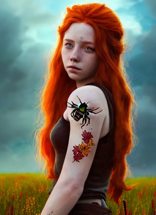 Image similar to An epic fantasy comic book style portrait painting of a young red headed girl with a golden bee tattoo on her shoulder in a field of flowers , unreal 5, DAZ, hyperrealistic, octane render, cosplay, RPG portrait, dynamic lighting