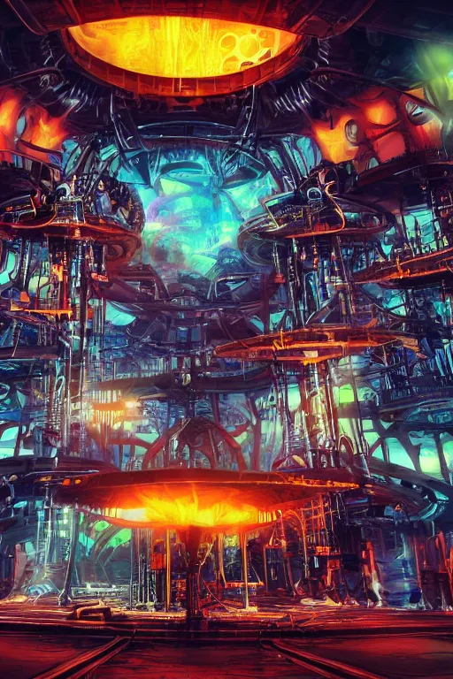 Prompt: a band shirt, bandname is tripmachine, tourname is invasion of the tripmachines, realistic digital art, 3 d render of two huge futuristic steampunk generators inside a huge steampunk engine, 8 k, fluorescent colors, halluzinogenic, multicolored, exaggerated detailed, unreal engine
