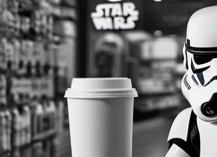 Prompt: film still of a storm trooper holding a cup of coffee in a convenience store in the new Star Wars movie, 4k, black and white