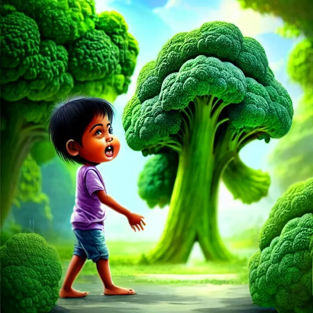 Prompt: epic professional digital art of an East Indian toddler boy walking beside a giant anthropomorphic friendly broccoli, best on artstation, cgsociety, wlop, Behance, pixiv, astonishing, impressive, outstanding, epic, cinematic, stunning, gorgeous, breathtaking comic style fantasy art, masterpiece.