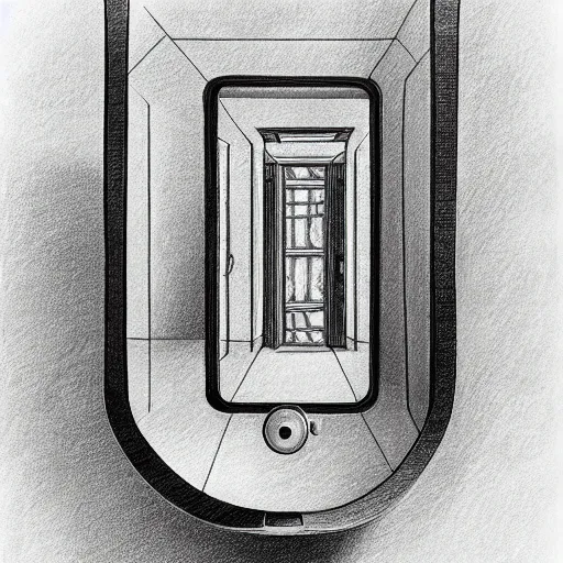 Prompt: pencil drawing of a smart phone inside of a mirror, the phone contains a mirror, the mirror contains a phone, infinite recursion, pencil art, in the style of m. c. escher, clean, detailed