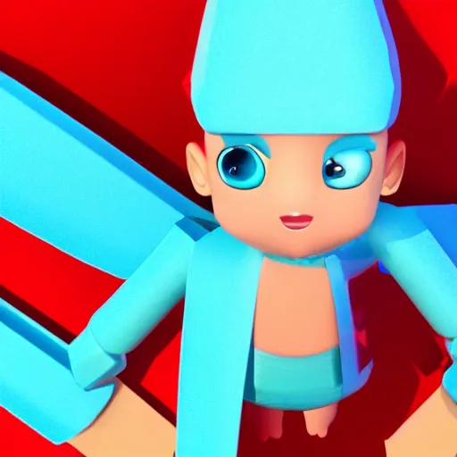 Image similar to a cute cyan crystal character design wearing a red cloth strip on top, 4K HD, 3D render