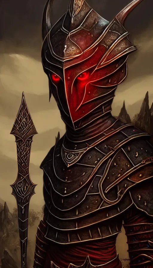 Image similar to hyperrealistic full body image of morrowind dunmer male nerevarine in front of balmora, red eyes, daedric script, telvanni, symmetrical face, handsome face, full body dnd character portrait, medieval armor, morrowind armor, oblivion armor, skyrim armor, eso armor, intricate, highly detailed, elegant, artstation, deviantart