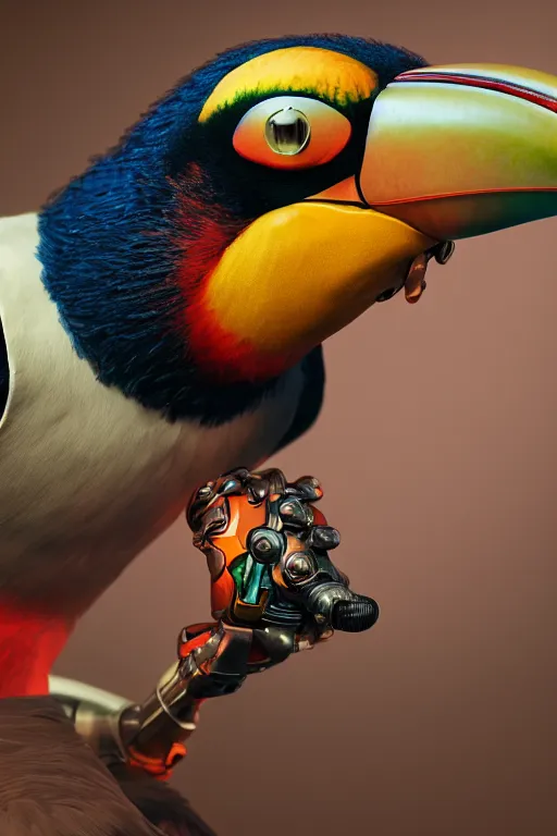 Image similar to a cyborg toucan, dynamic pose, intricate details, intricately detailed textures, warm lighting, vivid colors, realistic octane render, hyper realistic render, volumetric shading, depth of field, raytracing, 8 k,