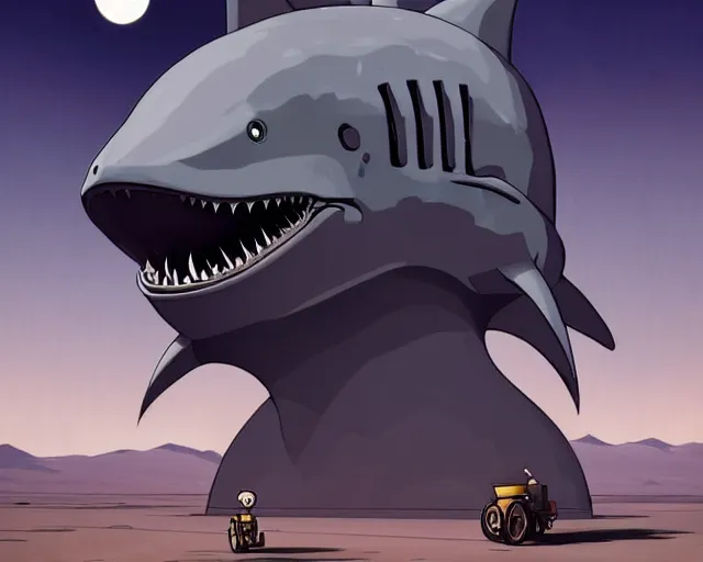 Image similar to a cell shaded cartoon grey lovecraftian mechanized shark from howl's moving castle ( 2 0 0 4 ), with a big head, on a desert road, wide shot, in front of a big moon, muted colors, post grunge, josan gonzales, wlop, by james jean, victor ngai, hq, deviantart, art by artgem