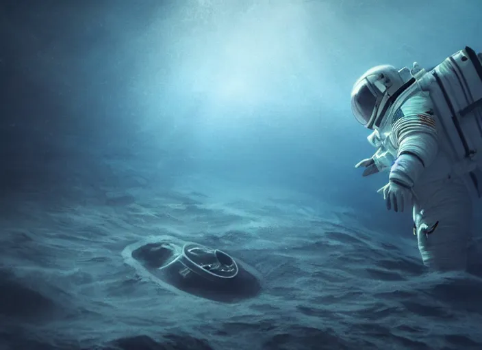 Image similar to astronaut underwater putting a flag in the sand of the bottom of the ocean. there is a submarine in the distance. dark, concept art, cinematic, dramatic, atmospheric, 8 k, trending on artstation, low visibility, fog, zack snyder