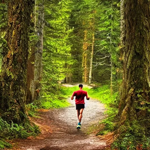 Image similar to a sporty guy runs alone through a forest with tall trees, acid-green sneakers, a photo from the back in perspective, art by Outram Steven,