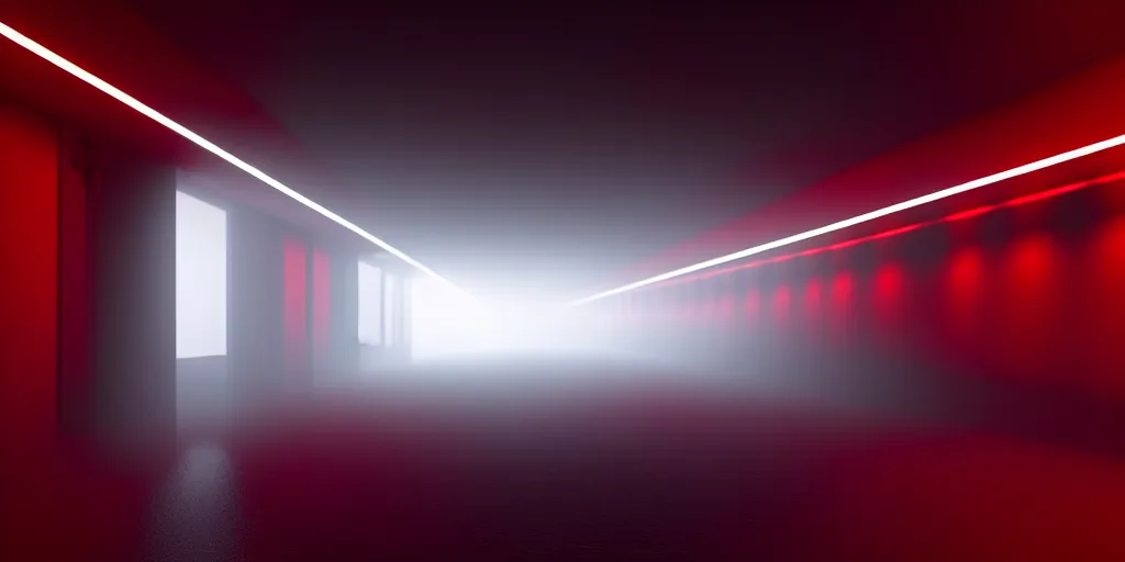 Image similar to a long angle shot of a big dark room with white lights on the celling and a long hallway at the end of the room with red lights on the celling, highly detailed, unreal engine, 4 k, dark, moody, foggy, game render, hyper realistic