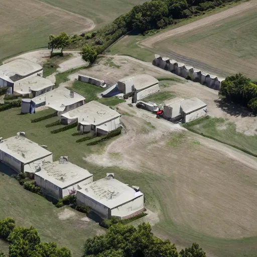 Prompt: fortified compound. aerial photography. military installation.