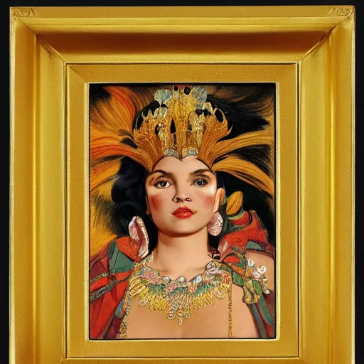 Prompt: portrait of a Chibcha gold goddess by Kowalski and Heckel and Ríos and Rutkowski and Mucha and Brom and Miller and Botero and Dalí and El Greco and Gutiérrez