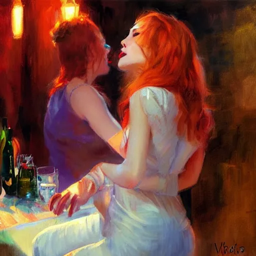 Prompt: young red heads at the night club, painting by Vladimir Volegov,