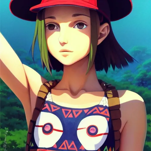 Image similar to beautiful boyish natalie portman gravure model in majora's mask, wearing wooden mask and baseball cap and leotard, street wear with subtle mayan patterns, aztec bathing suit, gapmoe yandere grimdark, trending on pixiv fanbox, painted by greg rutkowski makoto shinkai takashi takeuchi studio ghibli, akihiko yoshida