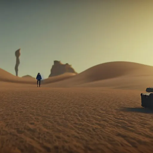 Image similar to A lonely traveller in a desert world, award winning, trending on artstation, unreal engine