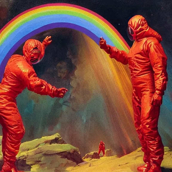 Prompt: two scientists wearing futuristic red hazmat suits entering geometric rainbow crystal portal by frank frazetta